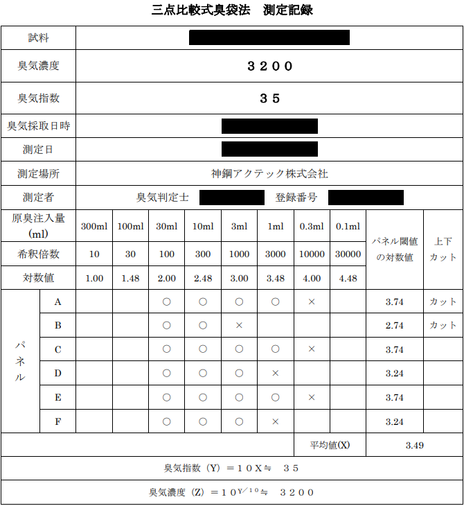 三点比較式臭袋法 測定記録